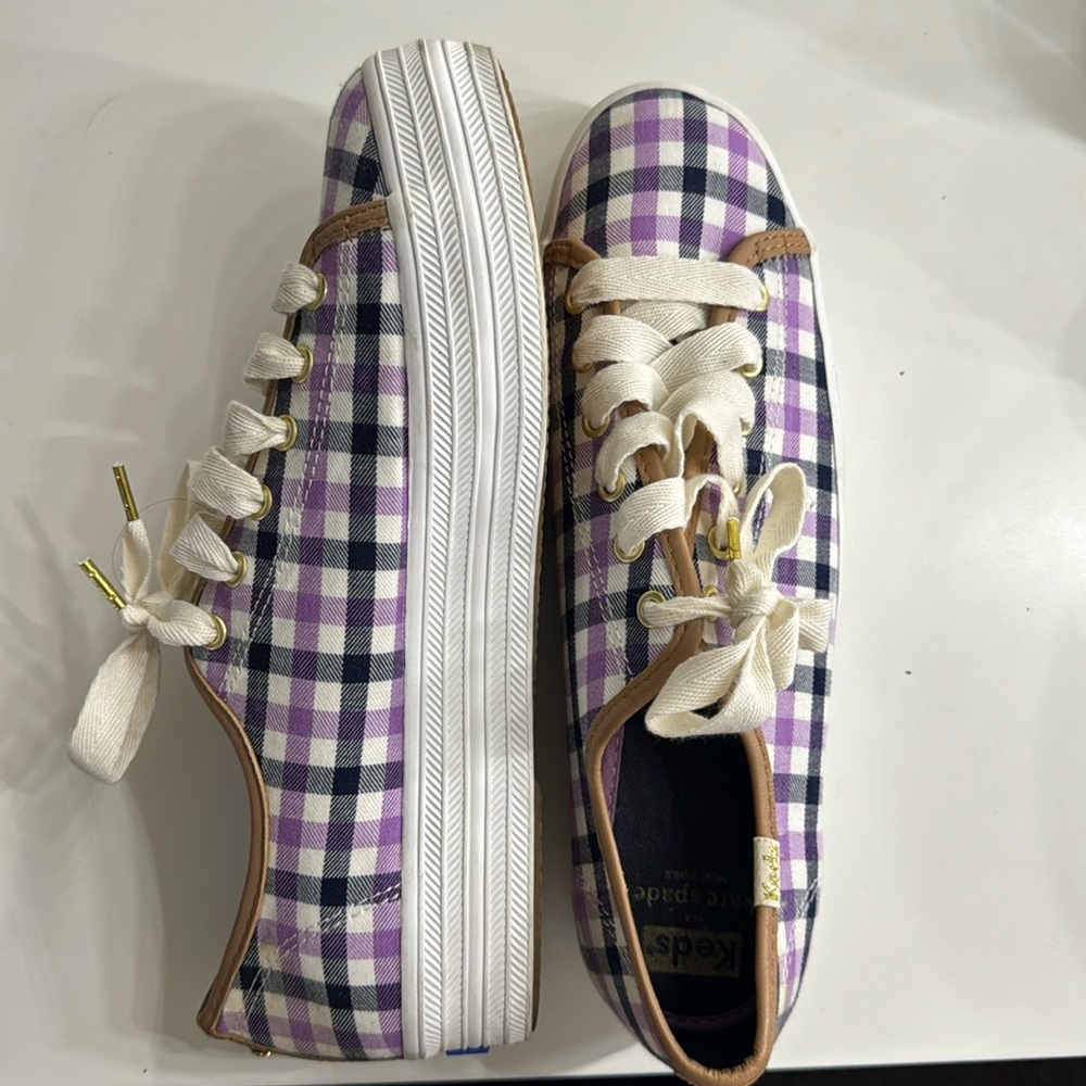 Keds X Kate Spade New York Triple Kick Cream Purple Gingham Flannel Sneakers